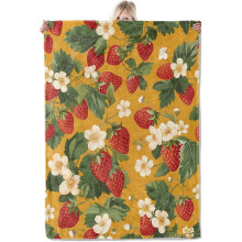 Strawberry Floral Flannel Throw 40x50in – Red Berries & White Blossoms on Yellow, Soft Lightweight Blanket for Girls, Women, Summer Home Decor
