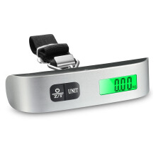 Digitálna váha na batožinu, váživosť 54 kg, podsvietený LCD displej, nehrdzavejúca oceľ, funkcia tarovania, prenosná – strieborná