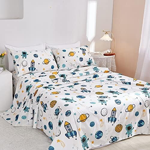 Set di lenzuola per bambini con astronauta blu, in microfibra, singolo, 3 pezzi, 1