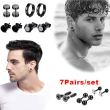 PENGXIANG 7 Pairs Stainless Steel CZ Stud Earrings for Women and Men, Huggie Hoop Earrings Ear Piercing, Black