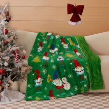 Christmas Faux Rabbit Fur & Flannel Throw Blanket 50x60" – Festive Green Santa Pattern, Soft & Cozy for Sofa, Bed, Holiday Decor