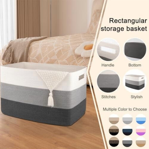 Panier de rangement rectangulaire en corde de coton gris, 108 L 2