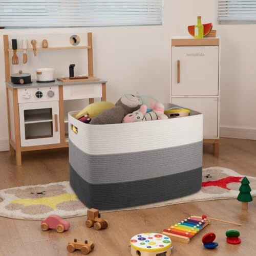 Panier de rangement rectangulaire en corde de coton gris, 108 L 1
