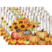 Fall Placemats Set of 6, 12x18", Pumpkin/Sunflower Design, Rustic Linen, Heat-Resistant & Washable – Compatible with Farmhouse & Autumn Decor