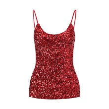 Camisola feminina vermelha com lantejoulas e alças ajustáveis – Regata brilhante sem mangas para balada, festa e apresentações.