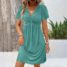 Damesjurken met knoop aan de voorkant, V-hals, mouwloos, ruches, casual zomerjurk, elegante clubfeesttuniek, bodycon mini-jurk