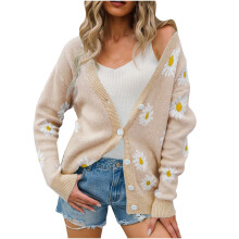 Cardigan da donna, cardigan aperto sul davanti, maglioni 2025, top alla moda, cappotto, manica lunga, cappotto con margherite, beige