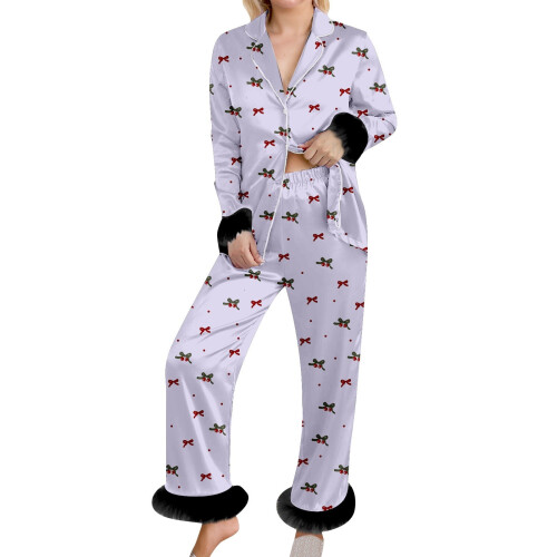 Dame flannel pyjamassæt med sløjfeprint, 2 dele