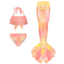 Dziewczęcy, 3-częściowy komplet bikini z nadrukiem tie-dye w łuskę ryby i spódniczką w kształcie rybiego ogona, pomarańczowy, 10-11 lat –