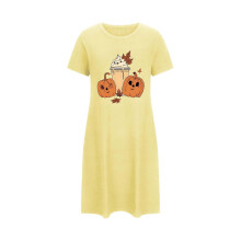 Damska koszula nocna z nadrukiem dyni na Halloween w dużym rozmiarze, z okrągłym dekoltem i krótkim rękawem, wygodna, 3XL-5XL, żółta