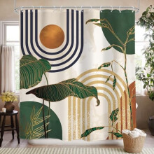 Zielona zasłona prysznicowa z połowy XX wieku z palmą i łukiem słonecznym, 72"x72", boho tropical, nowoczesny minimalistyczny styl, 12