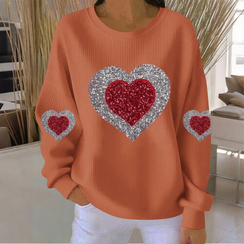 Felpa da donna a coste con scollo rotondo e cuore per San Valentino, lunga 1