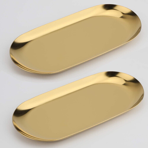 2-pack oval serveringsbricka i rostfritt stål, 23 cm x 9 cm, guld