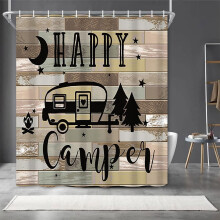 Perdea de duș Happy Camper RV, 183x213 cm, cu tematică vintage de camping la țară, compatibilă cu rulotele, include cârlige