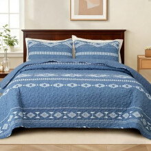 Ensemble de courtepointe Queen – Couvre-lit réversible bleu à rayures bohèmes avec 2 taies d'oreiller, literie légère toutes saisons