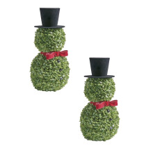 Topiaria de boneco de neve natalino de 40 cm com laço vermelho e gorro de Papai Noel – 2 peças de decoração natalina em buxo para uso interno e