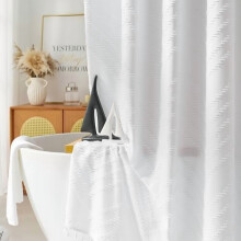 Cortina de chuveiro Boho branca 72x66, com franjas e listras em ziguezague tufadas, estilo minimalista moderno de fazenda, compatível com varão