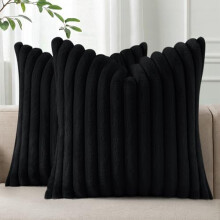 Putetrekk i plysj i fuskepels, 24x24, sett med 2, luksuriøse, myke, fluffy stripete dekorative putetrekk til sofa, stue, svart