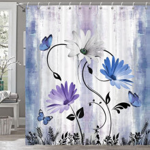 Rideau de douche style ferme rustique, motif floral marguerites et papillons bleu sarcelle, turquoise-violet-bleu, 91 x 183 cm, avec crochets,