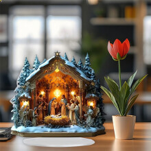 Presepe natalizio in acrilico con luci integrate, decorazione luminosa per interni.