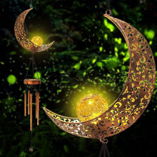 Solar Wind Chimes with Retro Brass Moon & Crackle Glass Globe Lights, 5 Metal Tubes, Warm LED – Garden/Patio Memorial Gift