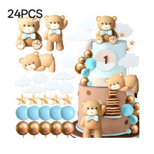 24Pcs Blue Bear Cake Toppers White Cloud Star Gold Blue Balls Baby Bear Cake Decorations for Birthday Baby Shower Party Decor