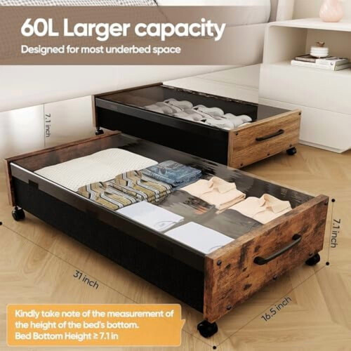 Unterbett-Schublade mit Rollen und transparentem Deckel, Schwarz 1