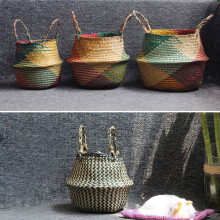 Folding Straw Wicker Storage Basket Handle Garden Flower Pot Planter Laundry Bag Green Red