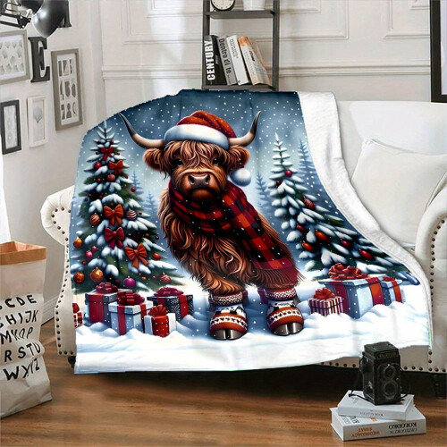 Highland Cow flannel tæppe – blødt vendbart