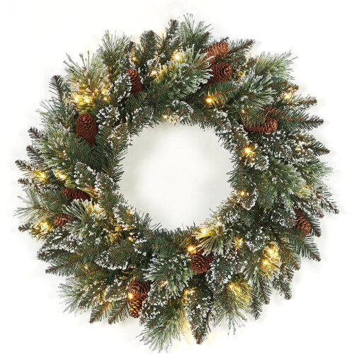 Couronne de Noël LED de 61 cm avec aiguilles de pin givrées
