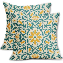 Kussenslopen van linnen in turquoise en geel, 20x20 inch, boho bloemenprint.