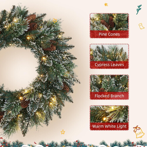 Couronne de Noël LED de 61 cm avec aiguilles de pin givrées 2