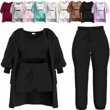 Completo pigiama da donna a 4 pezzi in maglia: set da casa in morbidissimo pile con cardigan soffice, top corto senza maniche e pantaloncini a vita