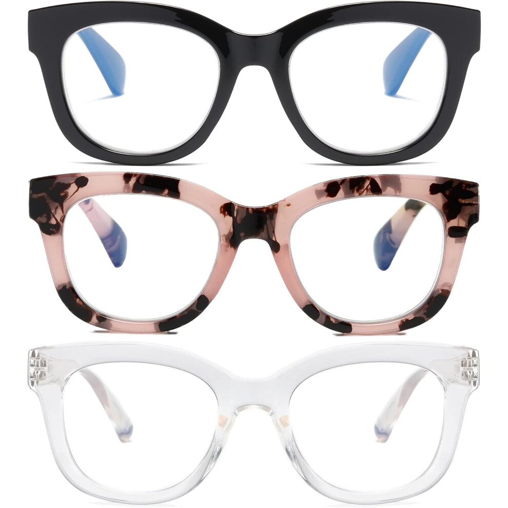Blue/Light 3 Pack Oversized Blocking Reading Glasses For Women, Retro Style Readers With Spring Hinge +1.50