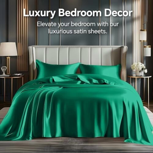 Ensemble de draps en satin vert foncé pour lit king size (4 pièces) 1