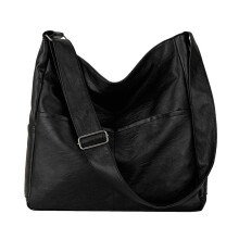 Bolsa feminina de couro com bolso lateral, estilo transversal, alça larga ajustável, ideal para o trabalho. Preta.