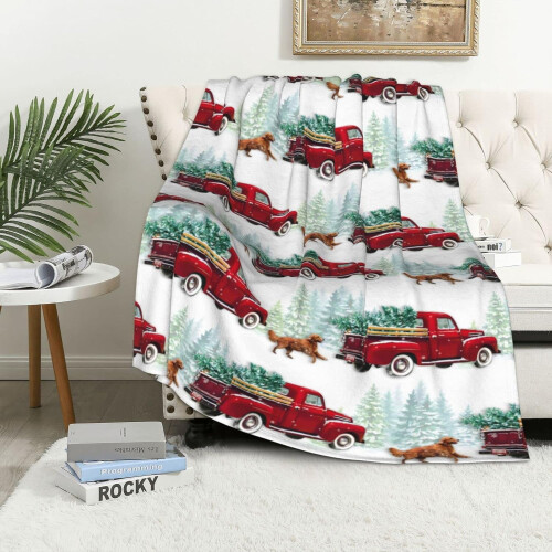 Manta decorativa estilo fazenda com estampa de caminhão vermelho e cachorro, 101,6 x 127 cm (40 x 50 polegadas) 2