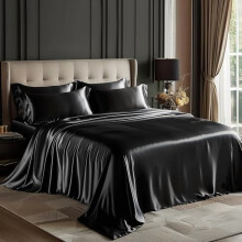 Satin-Bettwäsche-Set (Queen-Size) – 4-teiliges schwarzes Seidenbettwäsche-Set, tiefe Taschen, luxuriöses Seidengefühl (1 Bettlaken, 1