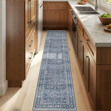 Thin Vintage Blue 2x10 Runner Rug, Washable Non-Slip Low-Pile Faux Wool, Distressed Navy Floor Mat for Kitchen, Hallway, Entry – Compatible with