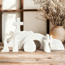Empty Tomb Easter Scene & Cross Decor, Ceramic Resurrection Tabletop Decoration, Compatible with Christian Home/Office Display