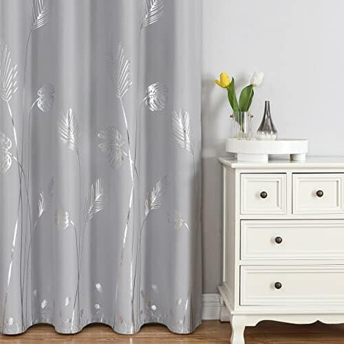 Light Grey Blackout Curtains 52x72 in Silver Palm Pattern 1