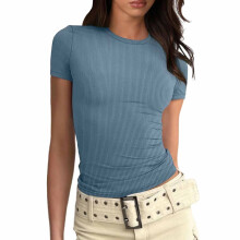 YOUSNH T-shirts til kvinder Modetoppe til kvinder Tætsiddende kortærmet basis-T-shirt Slim Fit skjorter Blå XL