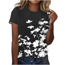 Damesommertoppe med korte ærmer og print og rund hals | Plus size-venlig S-3XL | Afslappet bluser i polyester-spandexblanding