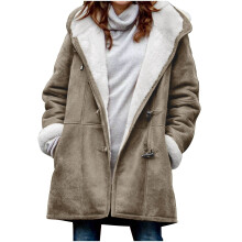 Aoujea Dame Vinterparka med Sherpa-for og Hættetrøje, Lang Pea Coat i Imiteret Ruskind, Plus Size S-5XL, Kompatibel med Koldt Vejr
