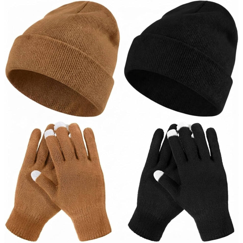 4 Pcs Winter Knit Beanie Hat and Touchscreen Gloves Set for Women Men Warm Acrylic Cap and Gloves Set-image-OPC-PRF79SP-NEW