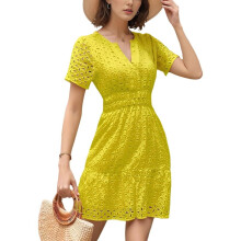 Jupe trapèze jaune XL à col V et œillets, taille haute