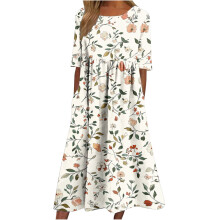 Damekjoler Blomsterprint Kortærmet Rund Hals Smock Talje Lagdelt Flæse Midikjole med Lommer Sommer Boho Vintage Teakjole