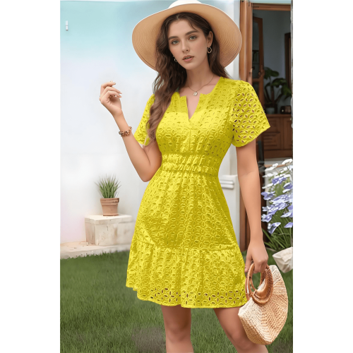 Jupe trapèze jaune XL à col V et œillets, taille haute 1