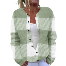 Damen-Strickcardigan mit Karomuster, Rundhalsausschnitt, langen, schmal zulaufenden Bündchen, lockeren, übergroßen Knöpfen, weichem, bequemem