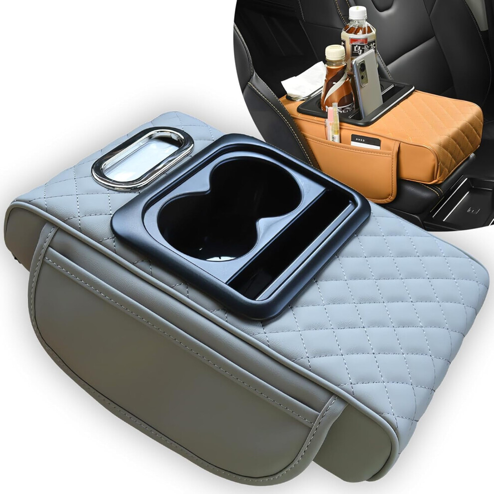 5-In-1 Car Armrest Pad With 2 Cup Holders & Console Cover Â Stores Phones, Wallets, Tissues, Drinks; Compatible With Most Cars 9448990317585